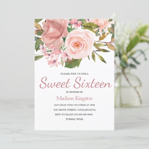 Rose Gold & Blush Flowers Sweet 16 Invite Zazzle