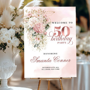 Rose Gold Blush Garden Floral 50Birthday Welcome Foam Board