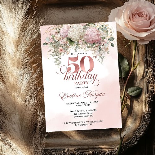 Rose Gold Blush Garden Floral 50th Birthday Invite