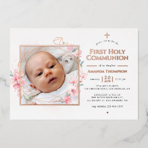 Rose Gold & Blush Geometric Floral Holy Communion Foil Invitation