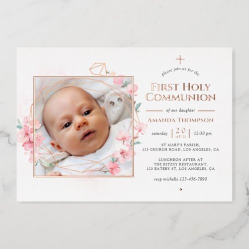 Rose Gold  Blush Geometric Floral Holy Communion Foil Invitation