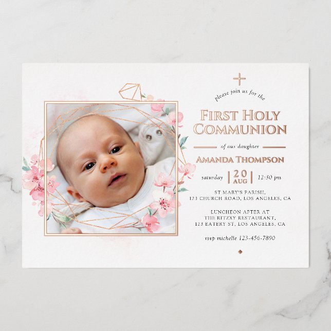 Rose Gold & Blush Geometric Floral Holy Communion Foil Invitation (Front)