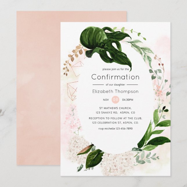 Rose Gold & Blush Geometric Greenery Confirmation Invitation (Front/Back)