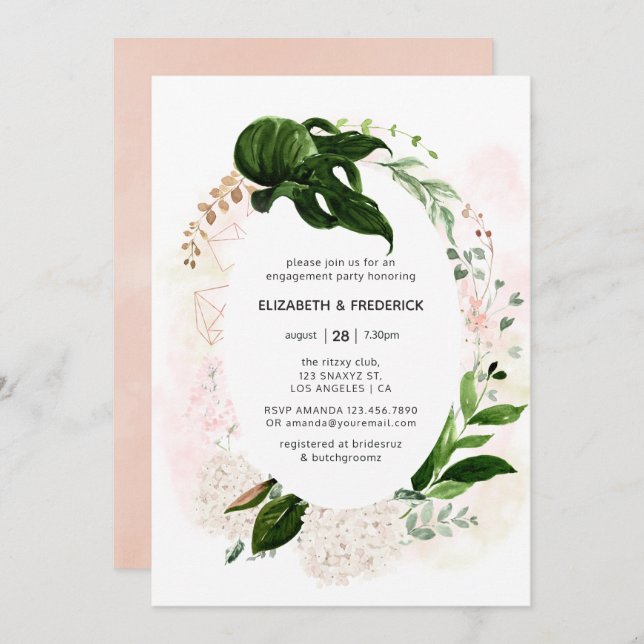 Rose Gold & Blush Geometric Greenery Engagement Invitation (Front/Back)