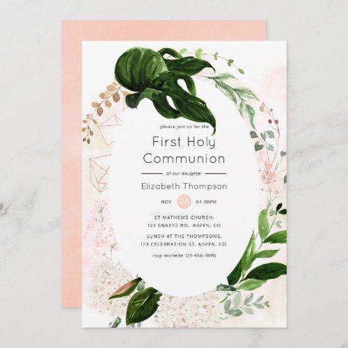 Rose Gold Blush Geometric Greenery Holy Communion Invitation