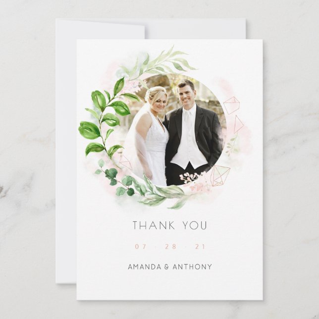 Rose Gold & Blush Geometric Greenery Wedding Photo Thank You Card (Front)