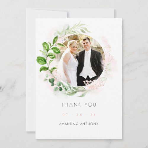 Rose Gold  Blush Geometric Greenery Wedding Photo Thank You Card