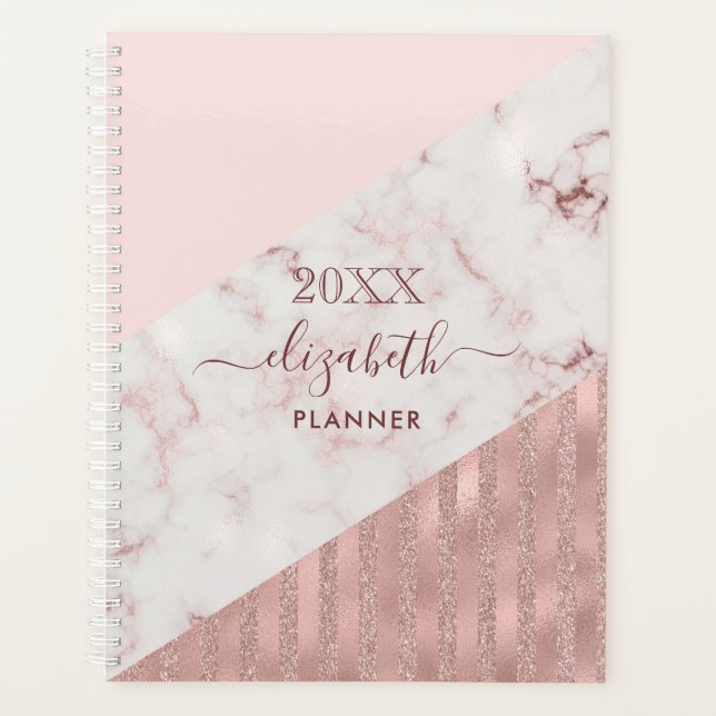 Rose Gold Blush Glam Glitter Marble Personalized Planner (Front)