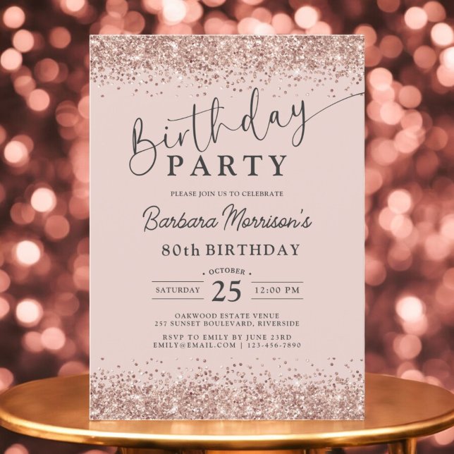 Rose Gold Blush Glitter Any Age 80th Birthday Invitation (Creator Uploaded)