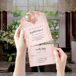 Rose gold blush glitter balloons birthday rsvp all in one invitation<br><div class="desc">Rose gold,  blush colored background,  decorated with ballons,  and faux glitter sparkles on the inside. Personalize and add names,  party details,  RSVP date,  return address and name.</div>