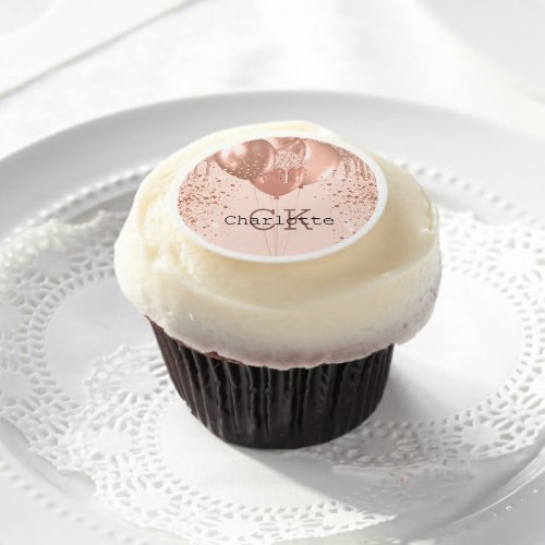 Rose gold blush glitter balloons name monogram edible frosting rounds