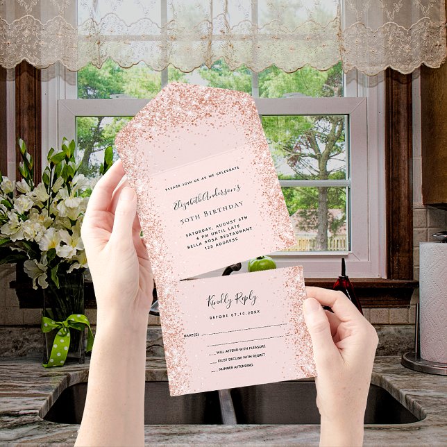 Rose gold blush glitter birthday rsvp all in one invitation (Creator Uploaded)