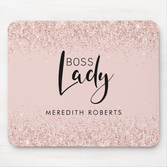 Rose Gold Blush Glitter Boss Lady Personalized Mouse Pad (Front)
