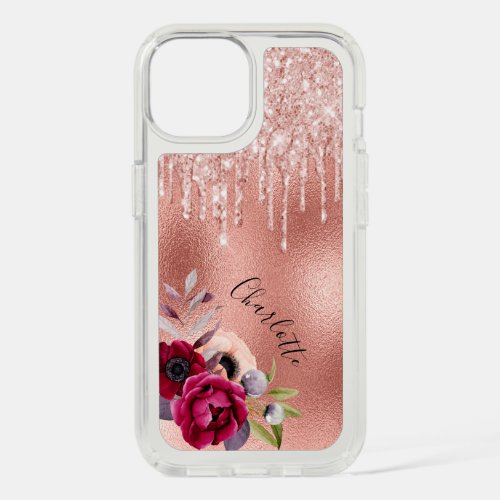 Rose gold blush glitter burgundy florals iPhone 15 case