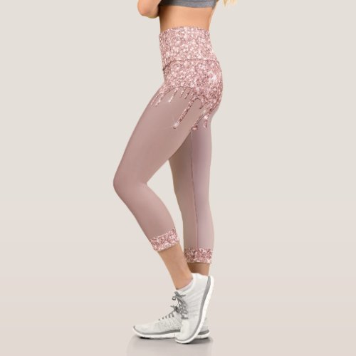 Rose Gold Blush Glitter Capri Leggings _ Elegant