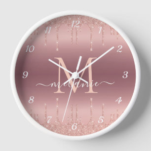 Rose Gold Blush Glitter Clock Custom Name Letter