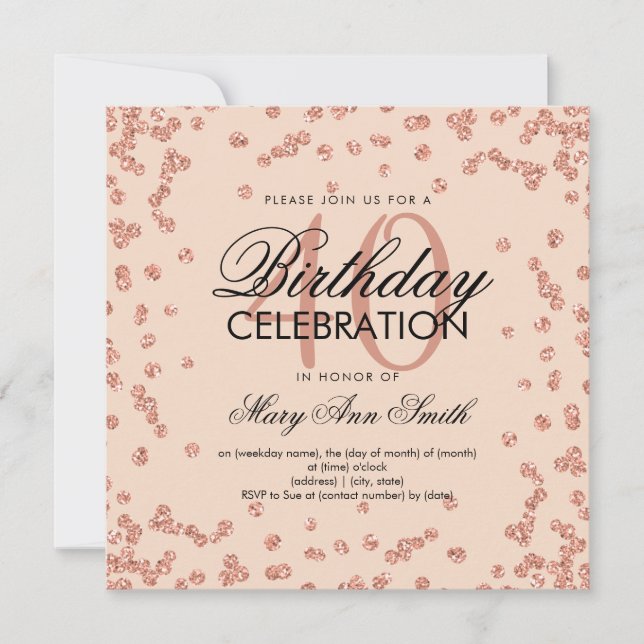 Rose Gold Blush Glitter Confetti 40th Birthday Invitation (Front)
