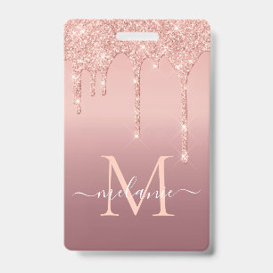 Rose Gold Blush Glitter Custom Letter Name Badge