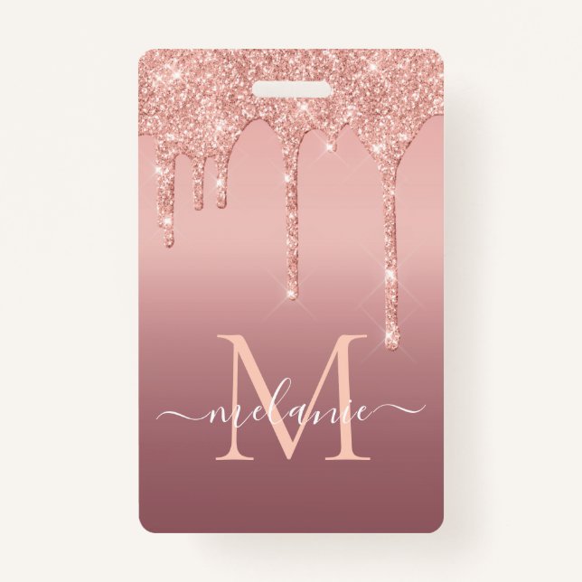 Rose Gold Blush Glitter Custom Letter Name Badge (Front)