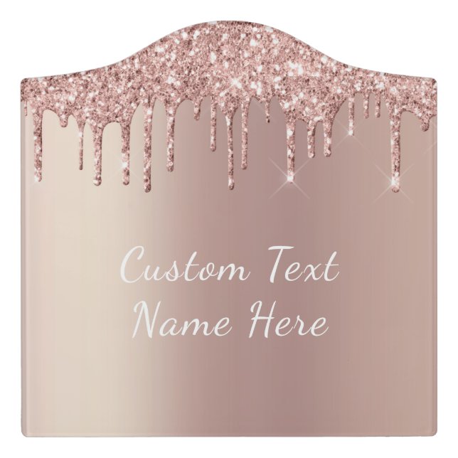 Rose Gold Blush Glitter Custom Text Name Door Sign (Large Crest Front)