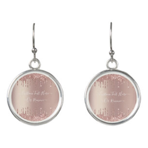 Rose Gold Blush Glitter Custom Text Name Earrings