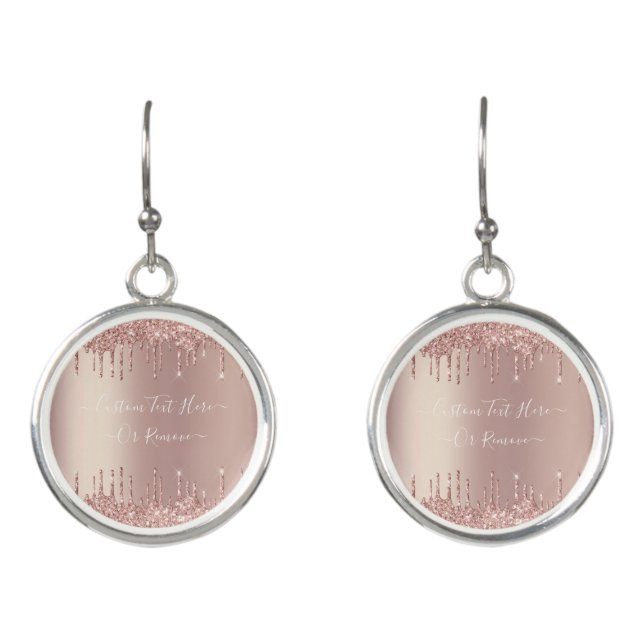 Rose Gold Blush Glitter Custom Text Name Earrings (Front)