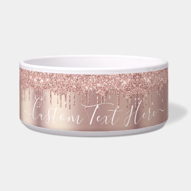 Rose Gold Blush Glitter Custom Text Pet Bowl (Front)
