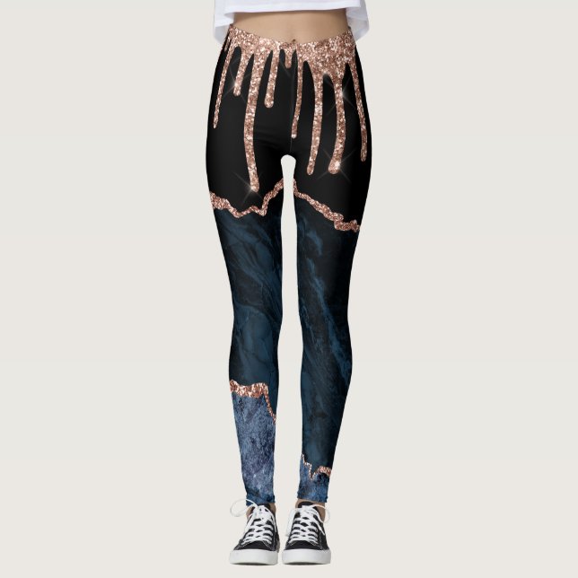 Rose Gold Blush Glitter Drip Navy Black Leggings (Front)