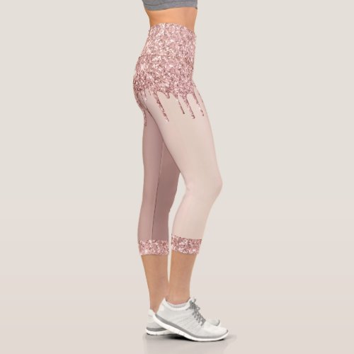 Rose Gold Blush Glitter Drips Capri Leggings