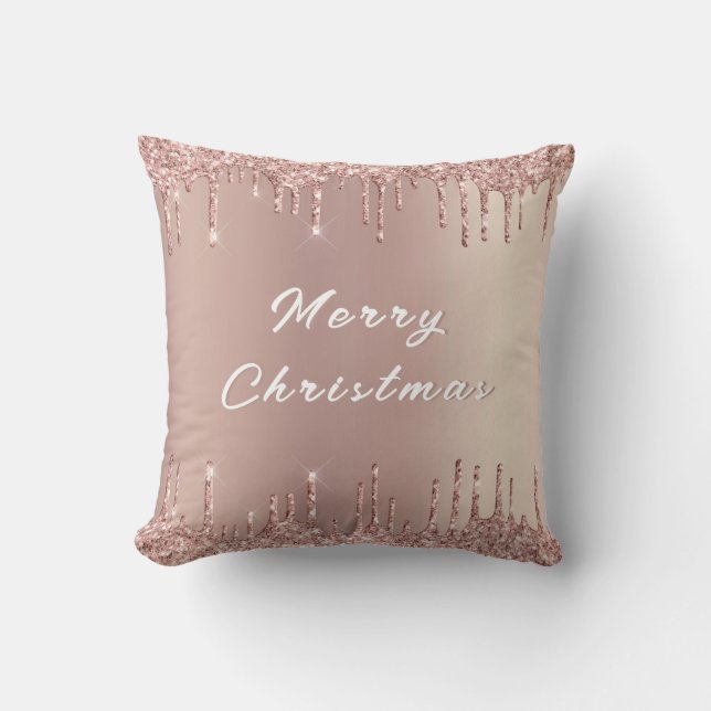 Rose Gold Blush Glitter Drips Christmas Pillow (Front)