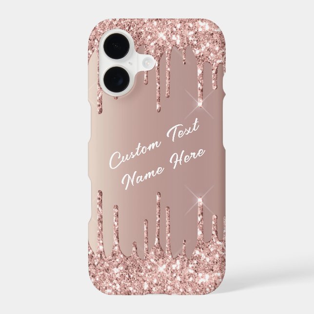 Rose Gold Blush Glitter Drips Custom Text Name iPhone Case (Back)