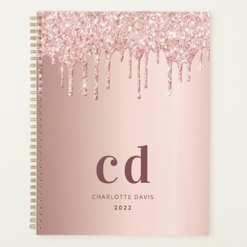 Rose gold blush glitter drips glam monogram planner