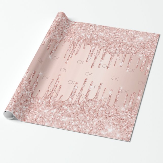 Rose gold blush glitter drips glamorous monogram wrapping paper (Unrolled)