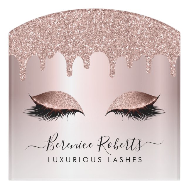 Rose Gold Blush Glitter Drips Lash Extensions Sign (Contour Front)