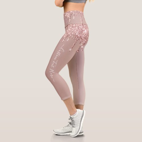 Rose Gold Blush Glitter Drips Leggings   Text