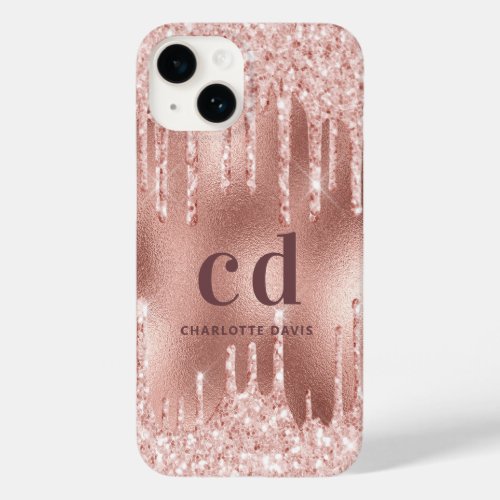 Rose gold blush glitter drips monogram Case_Mate iPhone 14 case