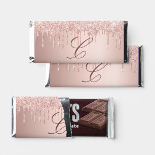 Rose gold blush glitter drips monogram initial hershey bar favors