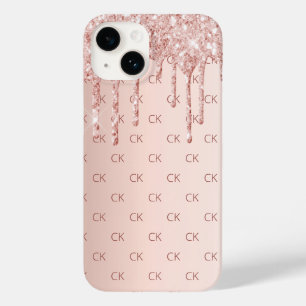 Rose gold blush glitter drips monogram initials Case-Mate iPhone 14 case