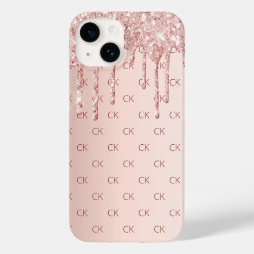 Rose gold blush glitter drips monogram initials  Case_Mate iPhone 14 case