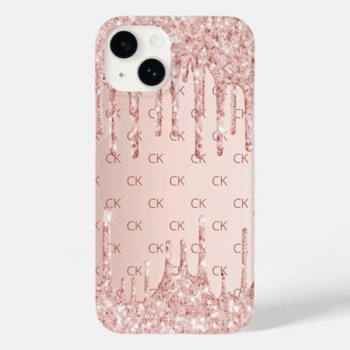 Rose gold blush glitter drips monogram initials Case_Mate iPhone 14 case