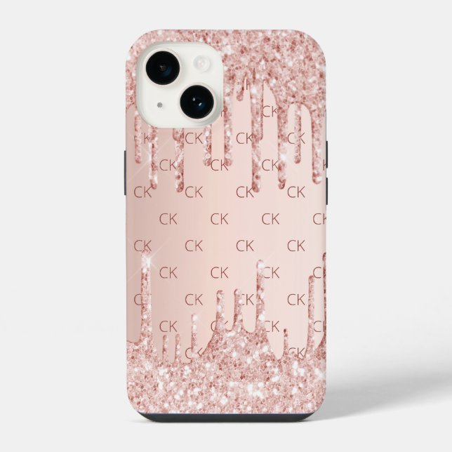 Rose gold blush glitter drips monogram initials iphone case (Back)