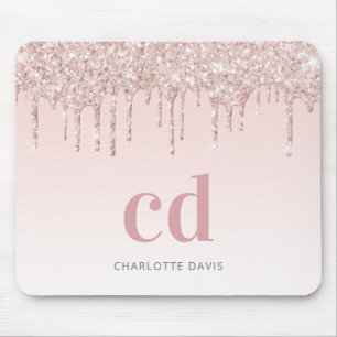 Rose gold blush glitter drips monogram initials mouse pad