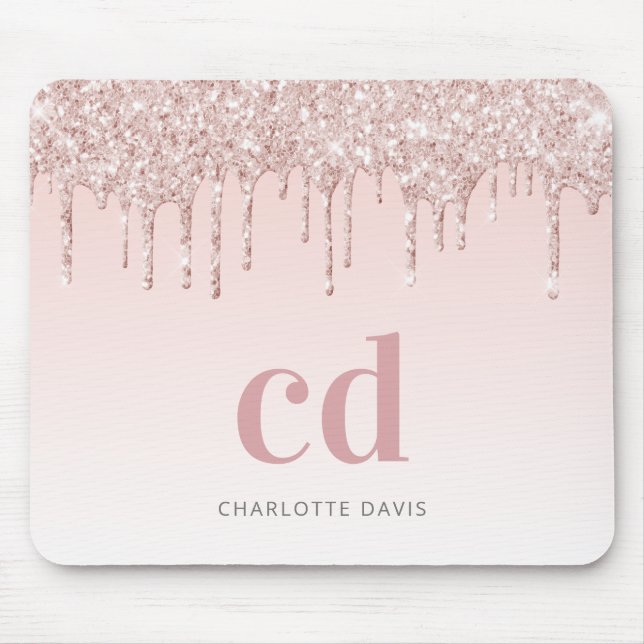 Rose gold blush glitter drips monogram initials mouse pad (Front)