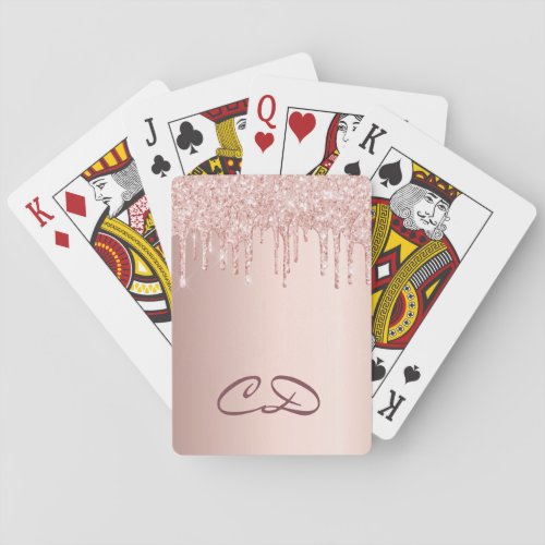 Rose gold blush glitter drips monogram initials poker cards