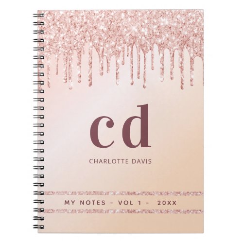 Rose gold blush glitter drips monogram modern notebook