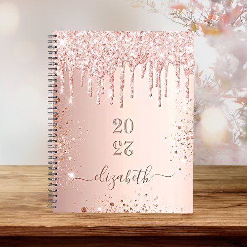 Rose gold blush glitter drips monogram name 2024 planner