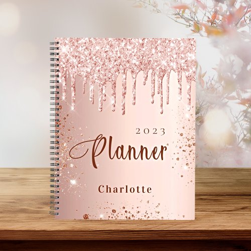 Rose gold blush glitter drips monogram name 2024 planner