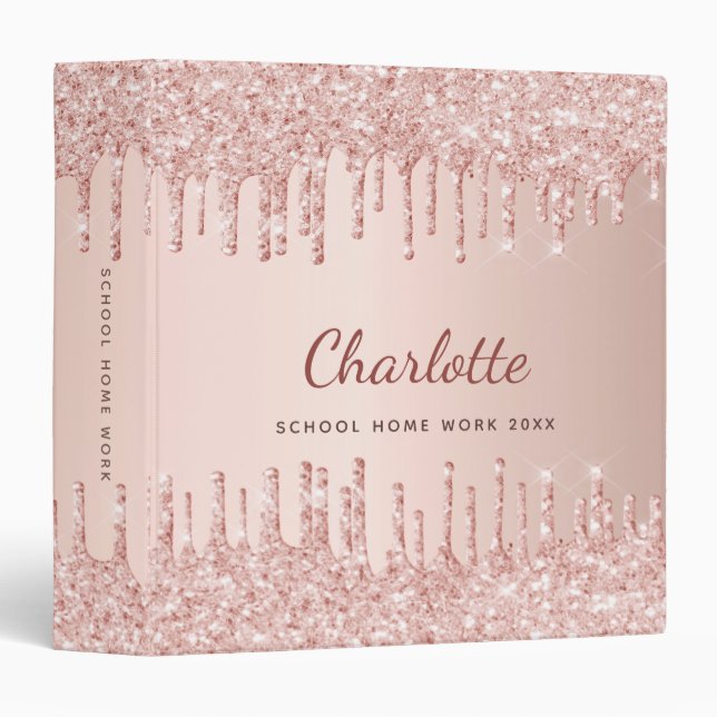 Rose gold blush glitter drips monogram name 3 ring binder (Front/Spine)