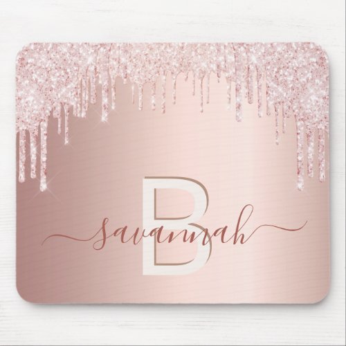 Rose gold blush glitter drips monogram name mouse pad