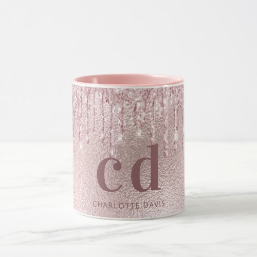 Rose gold blush glitter drips monogram name mug